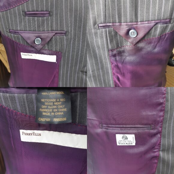 Perry Ellis 2 Piece Suit SZ 40T x 34 Grey w/Mauve & Grey Pinstripes 100% Wool - Picture 7 of 16